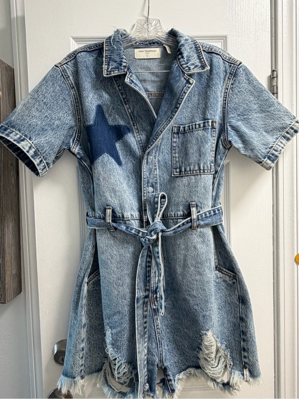 One Teaspoon Denim Star Short Sleeve Romper  - Light Marbled Wash